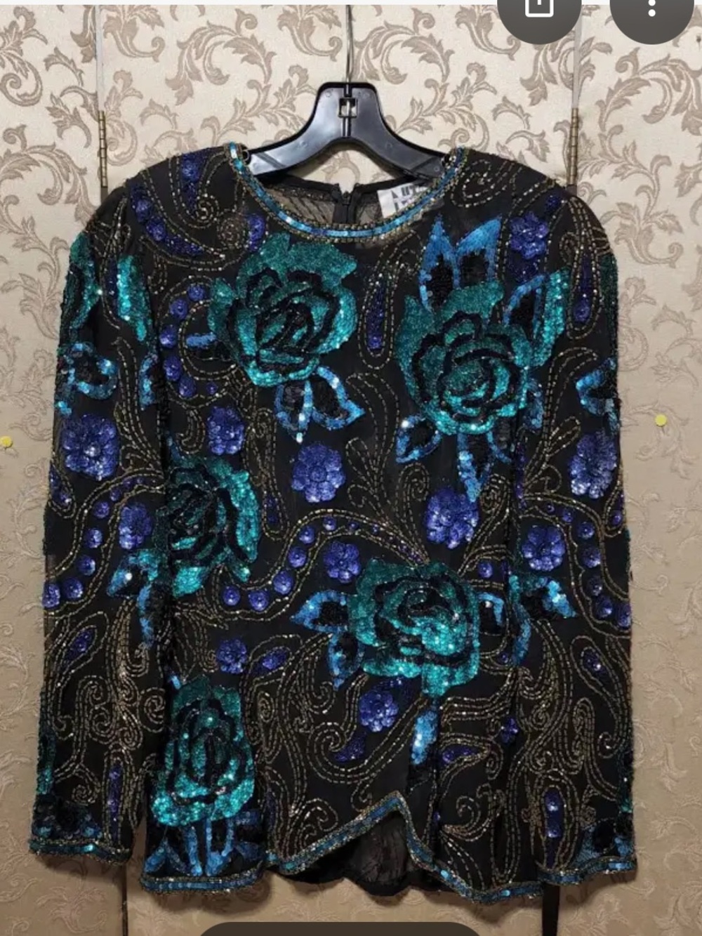 Niteline Black Top with Teal and Royal Blue Sequin Floral Design